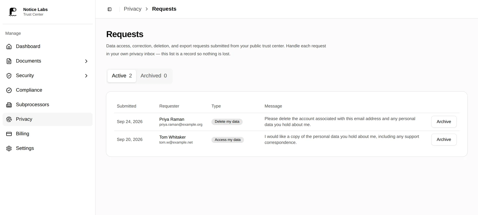 The admin's privacy requests: a deletion request and an access request, each with the requester's message.