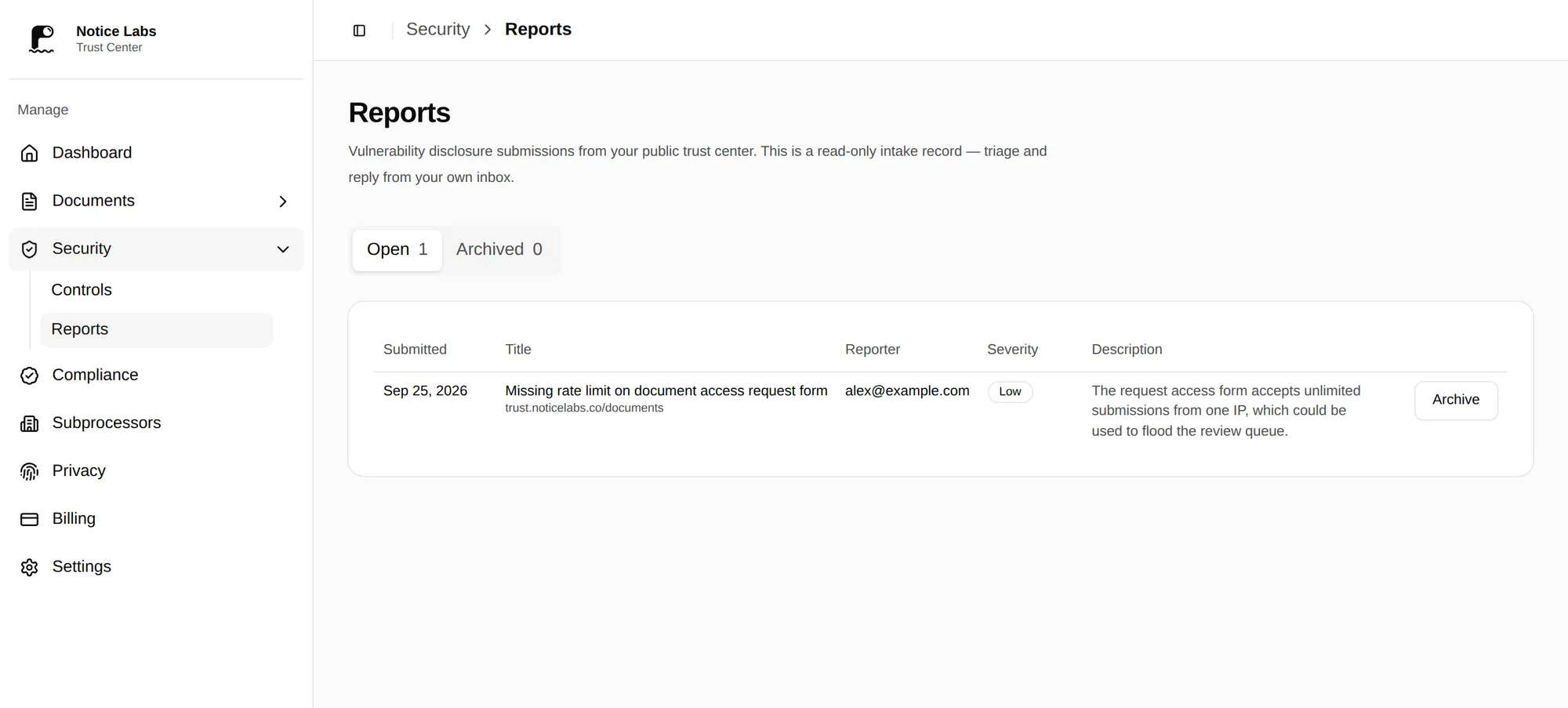 The admin's vulnerability reports, each with its severity and status.