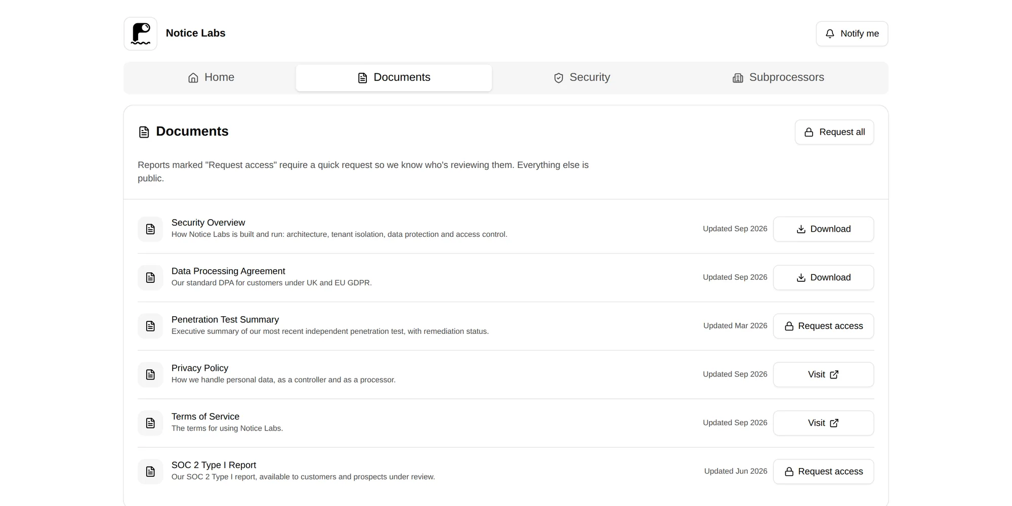 The Documents tab: public policies to download and reports that need an access request.