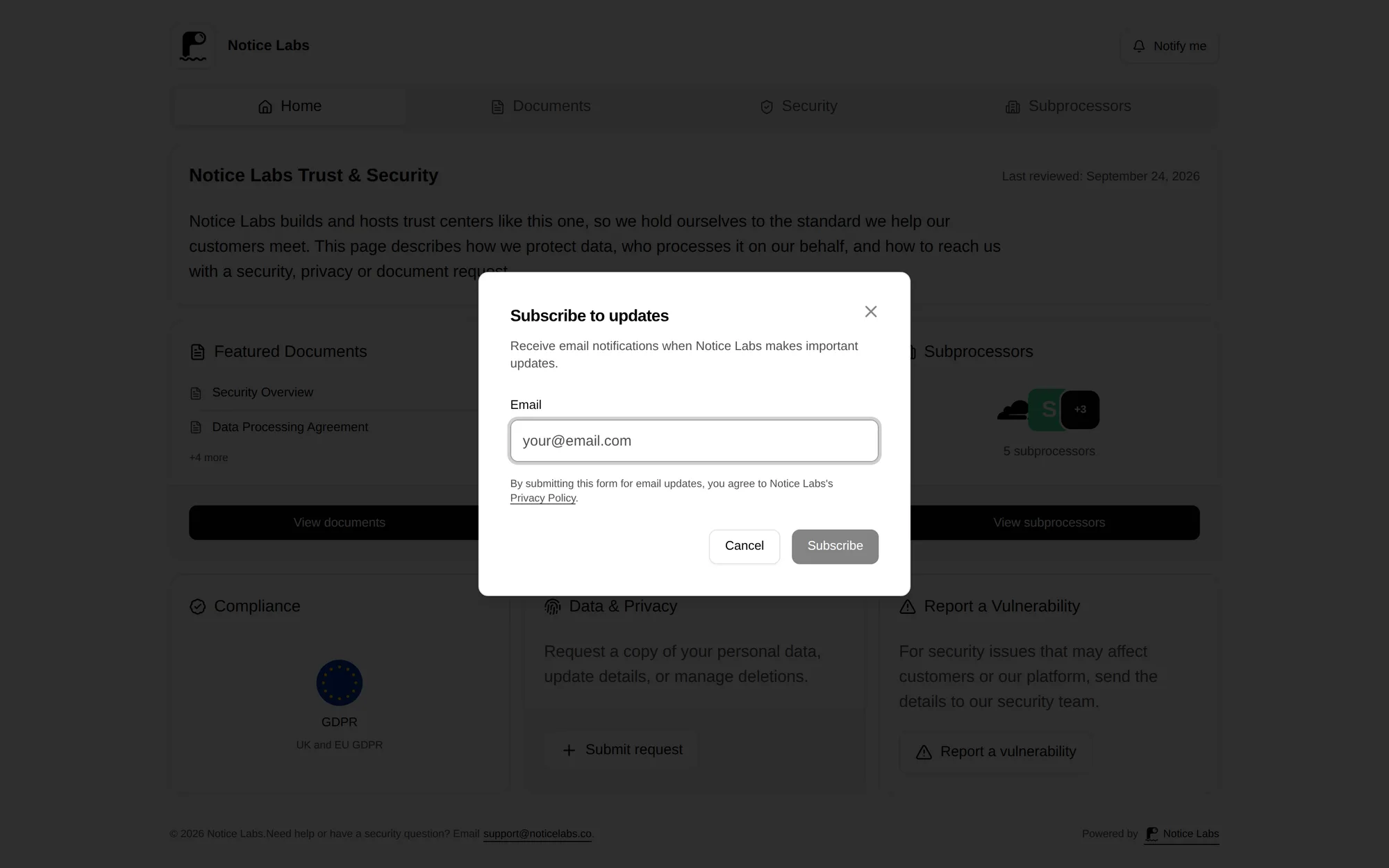 The Subscribe to updates dialog over a trust center's home page: an email field, a note about the privacy policy, and Cancel and Subscribe buttons.