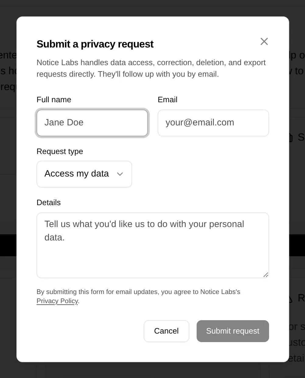The privacy request dialog with fields for name, email, request type and details.