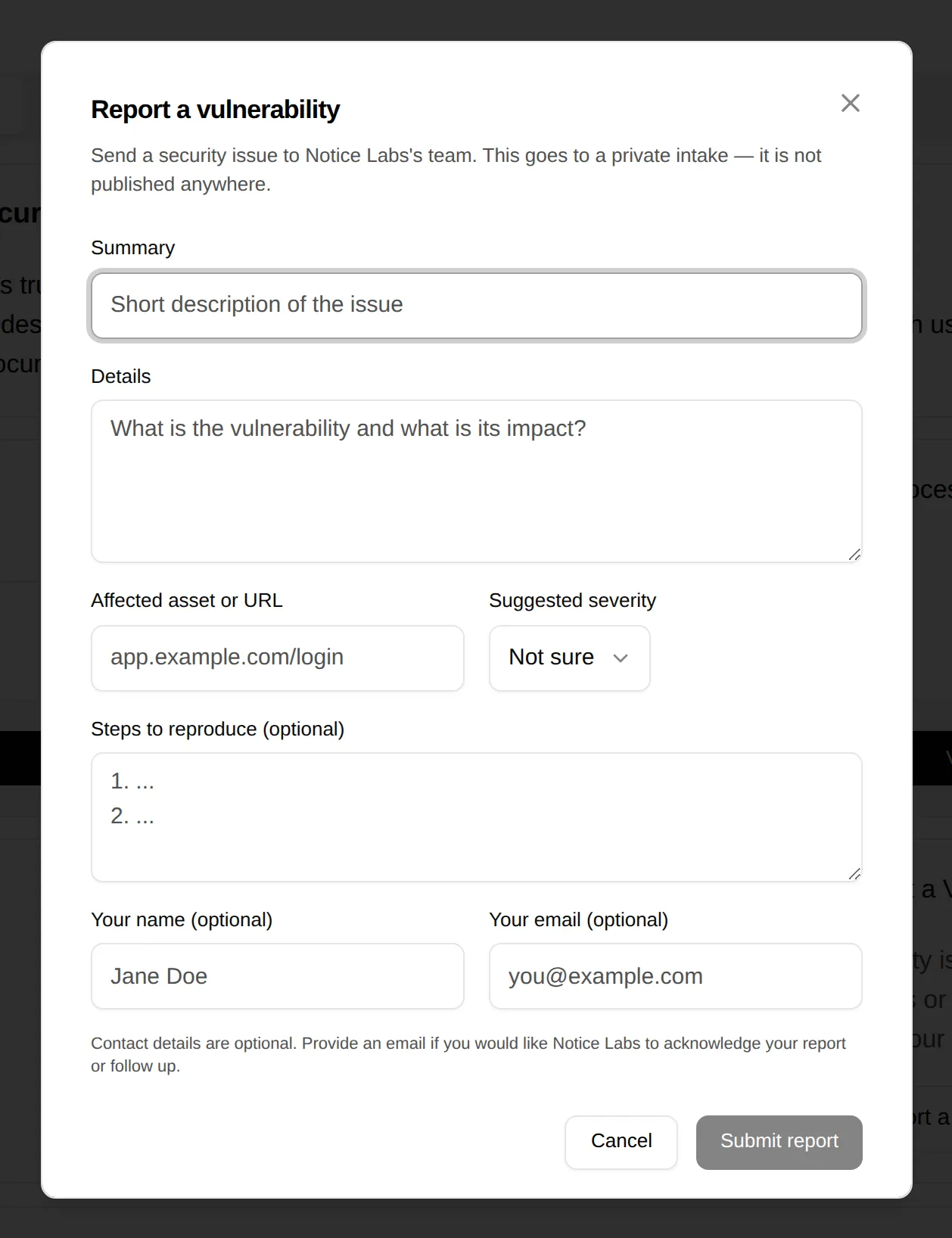 The report a vulnerability dialog with fields for summary, details, affected asset, severity, steps to reproduce and contact details.