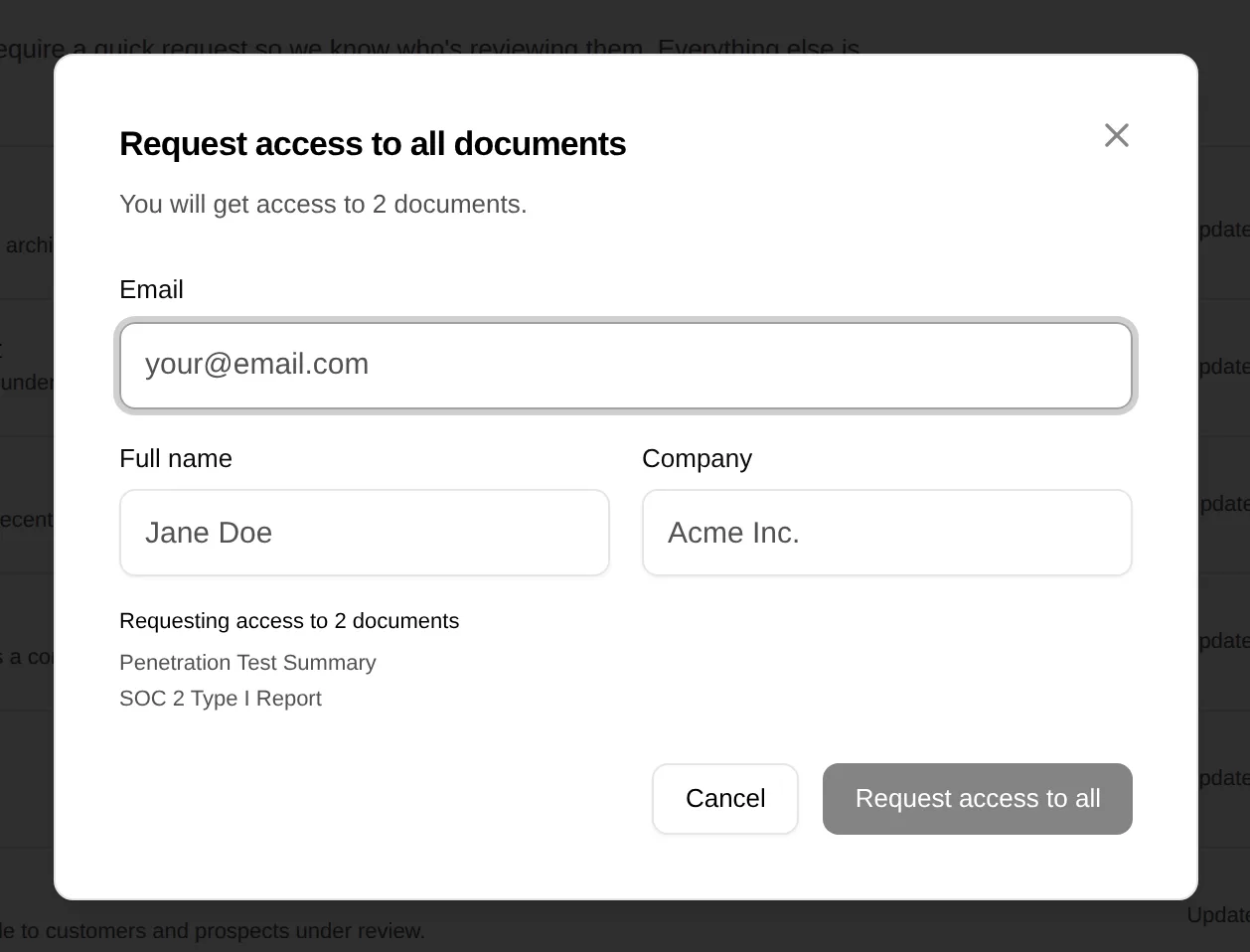 The request access dialog, asking for an email, name and company and listing the two documents requested.