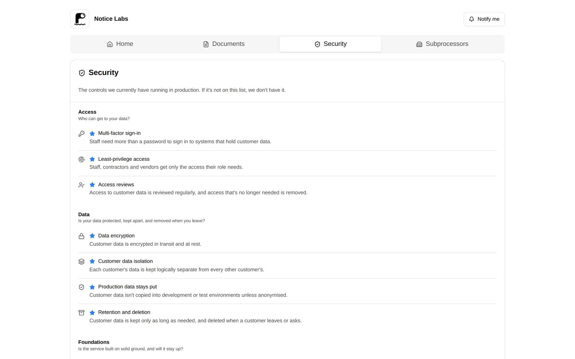 The Security tab: controls grouped under Access, Data and Foundations, each with a plain-language description.